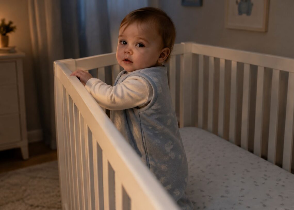 8 month old baby in a sleep sack standing in the crib at night during a sleep regression