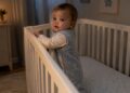 8 month old baby in a sleep sack standing in the crib at night during a sleep regression