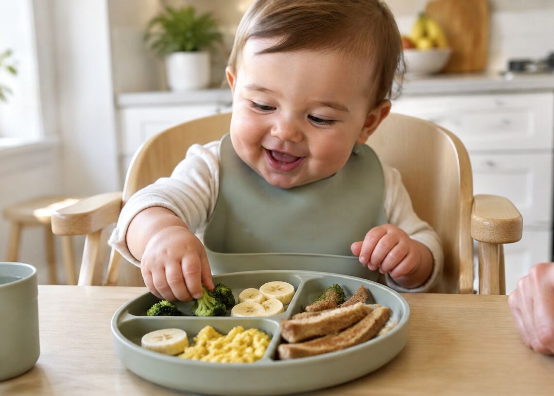 9 Month Old Feeding Schedule (and 8 Months): How Much to Feed, Finger Foods & a Sample Menu 1 Smiling 9 month old baby in a high chair picking up finger foods like broccoli, banana, scrambled egg and toast strips