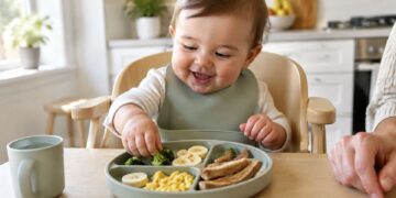 Smiling 9 month old baby in a high chair picking up finger foods like broccoli, banana, scrambled egg and toast strips