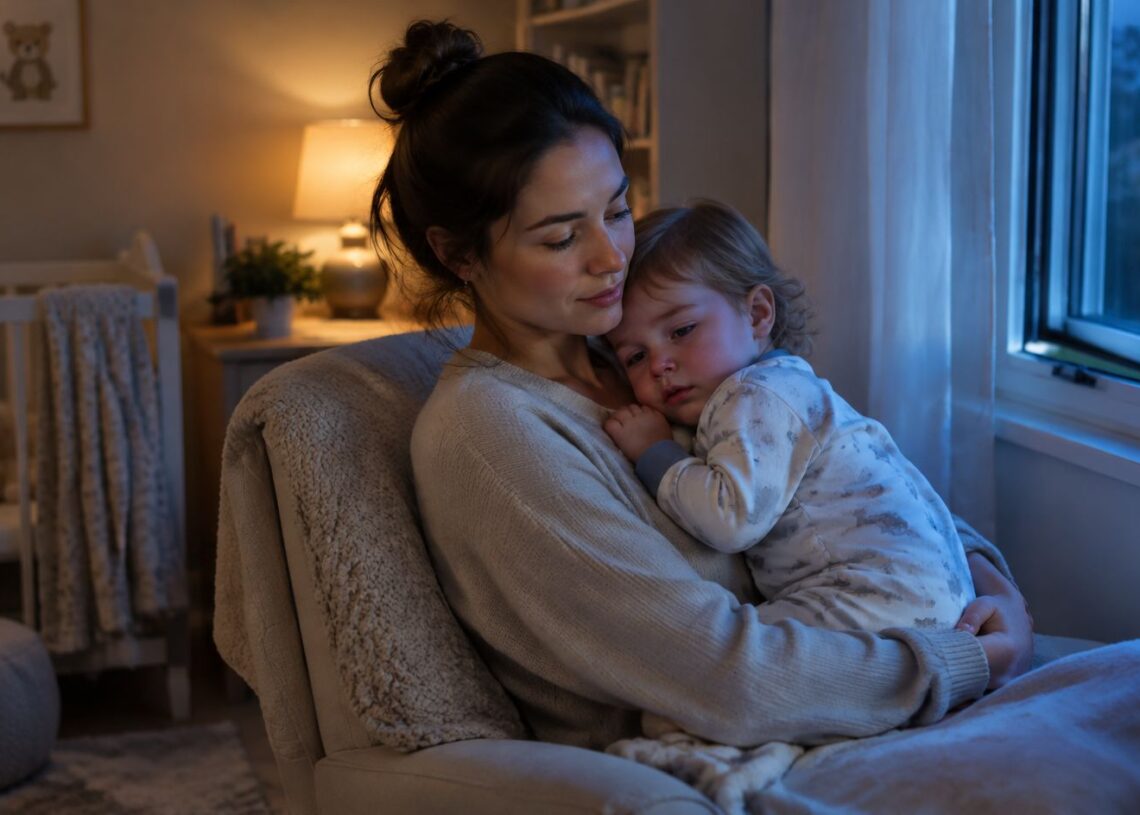 Croup in Babies and Toddlers: Barking Cough, Stridor, Croup vs RSV & When to Go to the ER 1 Mother calmly holding a toddler with croup upright near a slightly open window at night