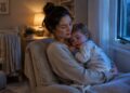 Mother calmly holding a toddler with croup upright near a slightly open window at night