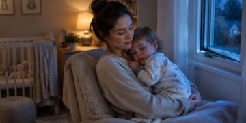 Mother calmly holding a toddler with croup upright near a slightly open window at night