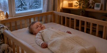 Baby sleeping safely on their back in a sleep sack in a winter nursery, with a room thermometer on the shelf