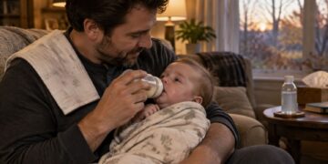 Stomach Bug in Babies: Norovirus Symptoms, Signs of Dehydration & Is Pedialyte Safe? 3 Father giving small sips from a bottle to a tired baby recovering from a stomach bug, with a burp cloth and electrolyte drink nearby