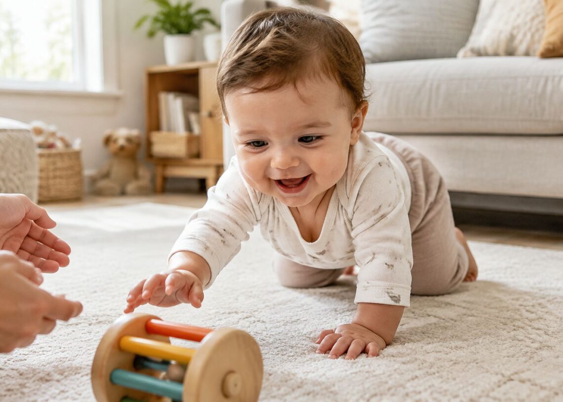 Smiling baby crawling on hands and knees on a rug toward a wooden toy as a parent encourages them