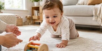 Smiling baby crawling on hands and knees on a rug toward a wooden toy as a parent encourages them